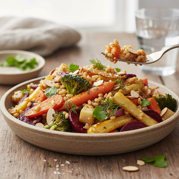 Almond-Infused Farro with Roasted Vegetables recipe