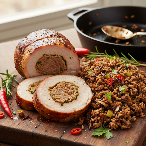 Andouille-Stuffed Pork Loin with Dirty Wild Rice recipe
