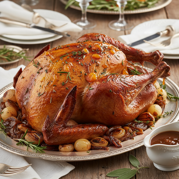 Apricot-Glazed Herb-Infused Turkey with Savory Onion and Shallot Gravy recipe