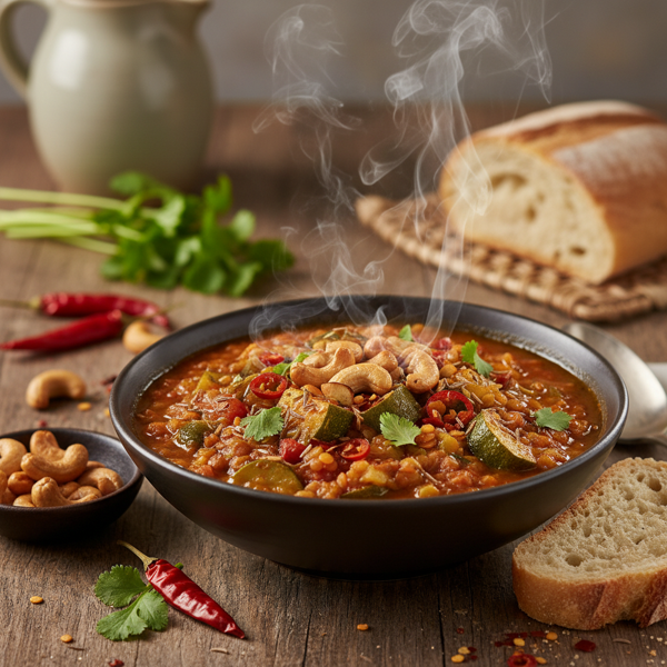 Aromatic Spicy Lentil Zucchini Stew with Roasted Cashews recipe