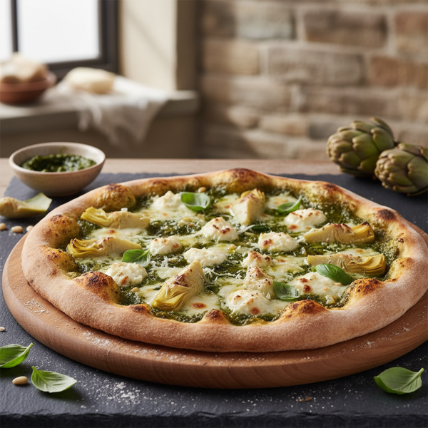 Artichoke and Pesto Delight Pizza with Trio of Cheeses recipe