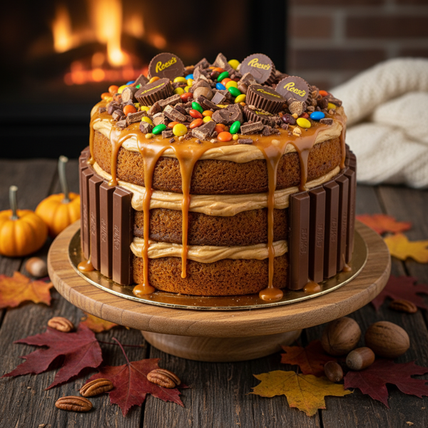 Autumn Delight Layer Cake with Kit Kats and Reese's Pieces recipe