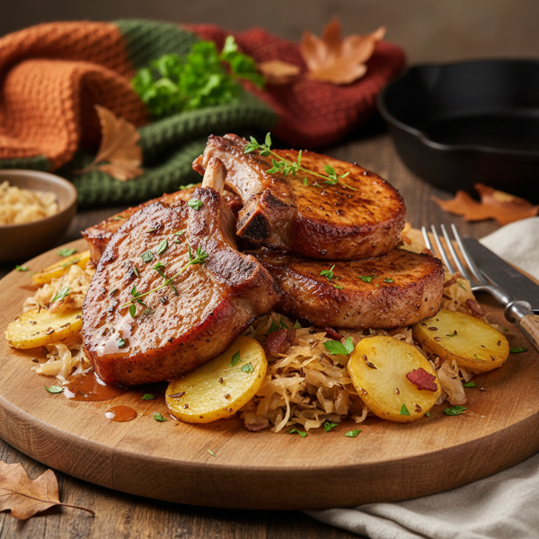Autumn Delight: Smoked Pork Chops with Savory Potato & Sauerkraut Layer recipe