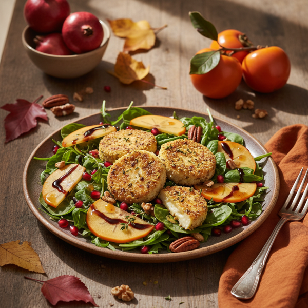 Autumn Harvest Pomegranate & Persimmon Salad with Crusted Goat Cheese recipe