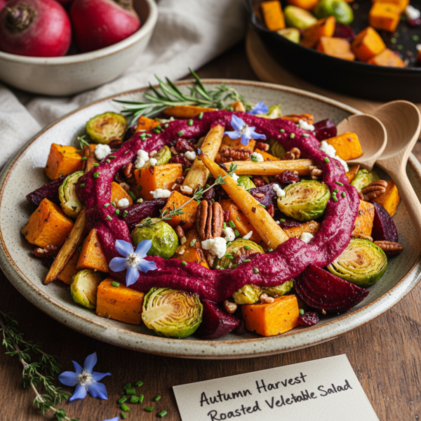 Autumn Harvest Roasted Vegetable Salad with Creamy Beet Dressing recipe