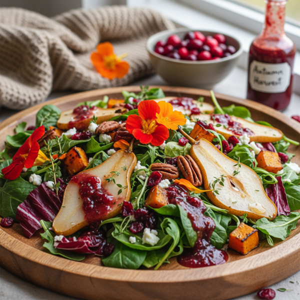 Autumn Harvest Salad with Poached Pears and Cranberry Vinaigrette recipe