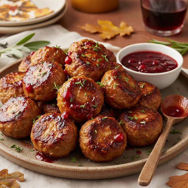 Autumn Herb-Infused Turkey Meatballs with Cranberry-Horseradish Glaze recipe