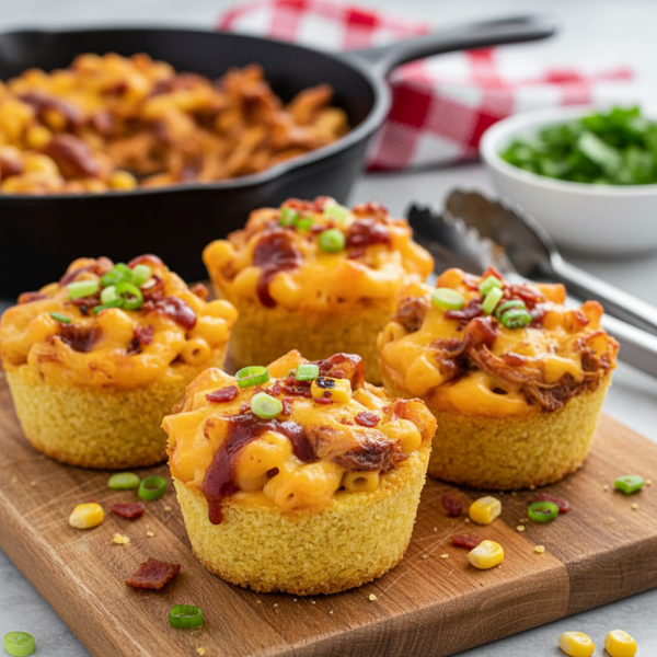 BBQ Chicken Mac & Cheese Cupcakes with Cornbread Crust recipe