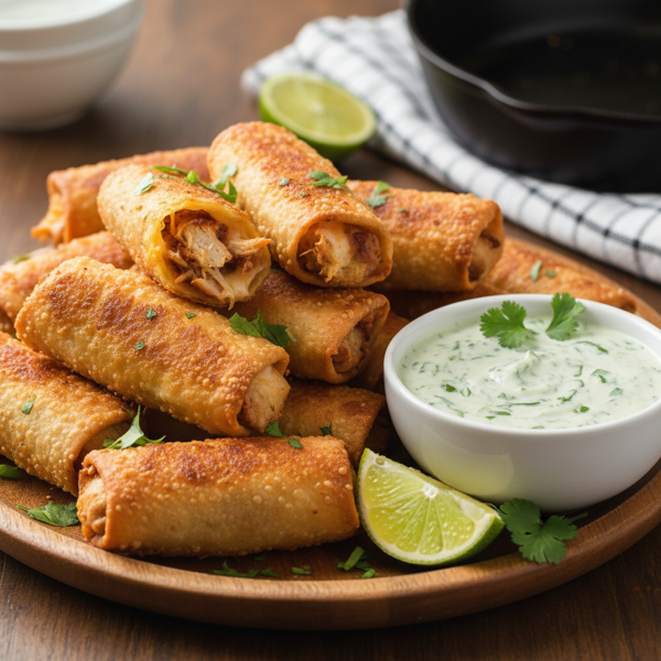 BBQ Chicken Pizza Egg Rolls with Cilantro Lime Dip recipe