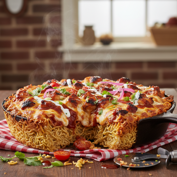 BBQ Chicken Ramen Pizza Bake Delight recipe