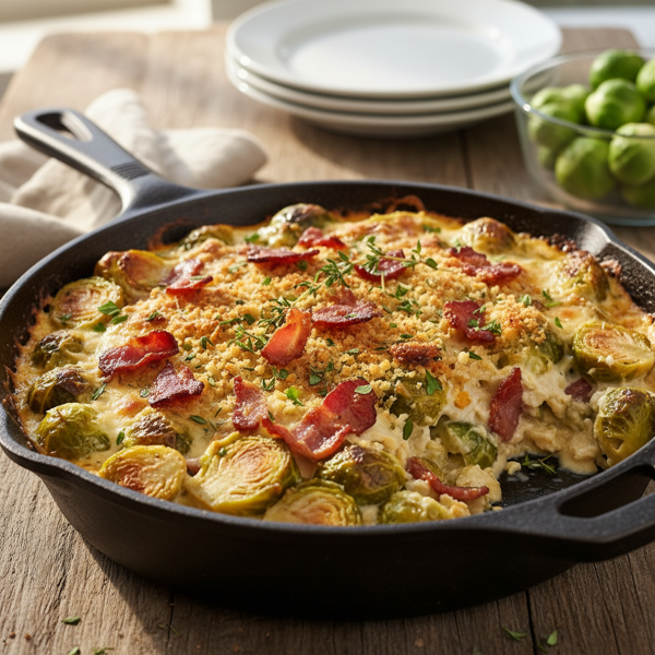 Bacon-Infused Creamy Brussels Sprouts Bake recipe