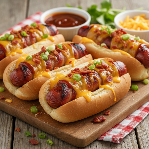 Bacon-Wrapped BBQ Hot Dogs with Cheesy Toppings recipe