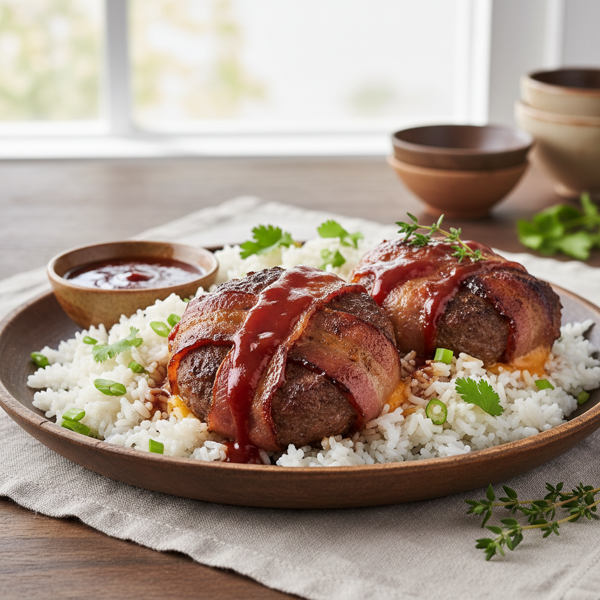 Bacon-Wrapped Beef Patties with Rice recipe