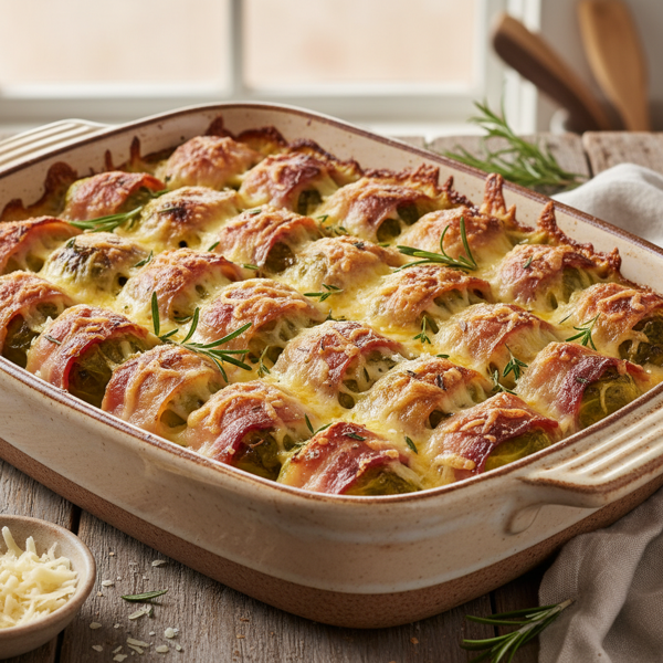 Bacon-Wrapped Cheesy Brussels Sprouts Bake recipe