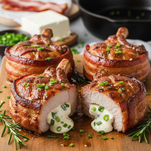 Bacon-Wrapped Cream Cheese Stuffed Pork Chops recipe