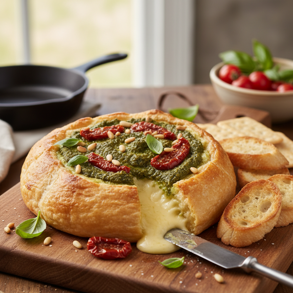 Baked Brie with Pesto and Sun-Dried Tomato Delight recipe