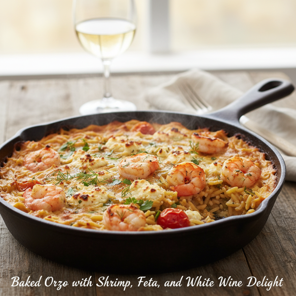 Baked Orzo with Shrimp, Feta, and White Wine Delight recipe