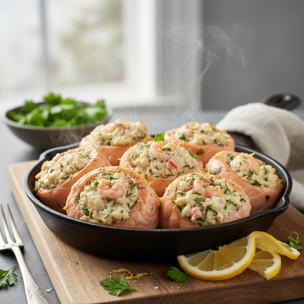 Baked Salmon Rolls with Seafood Stuffing recipe