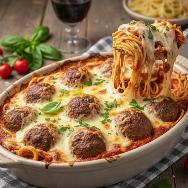 Baked Spaghetti and Savory Meatball Delight recipe