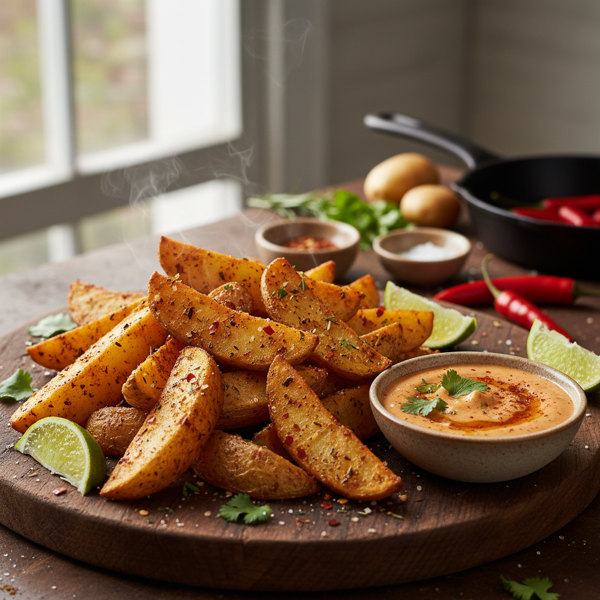 Baked Spicy Potato Wedges with Zesty Chili Dip recipe