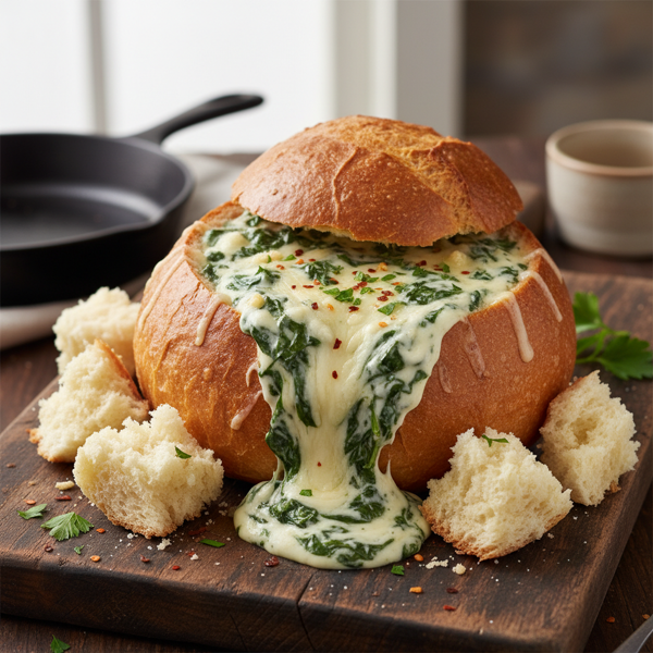 Baked Spinach and Cheese Fondue in Hawaiian Bread Bowl recipe