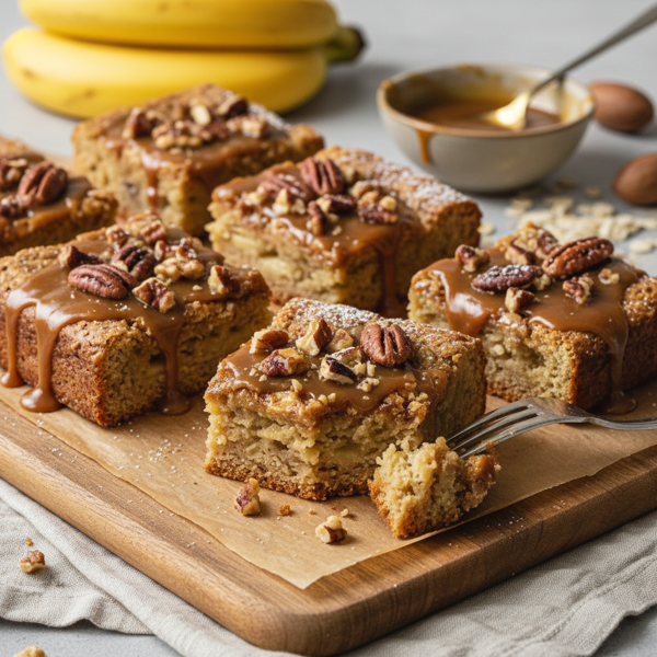 Banana Oat Blondie Bars with Praline Caramel Glaze recipe