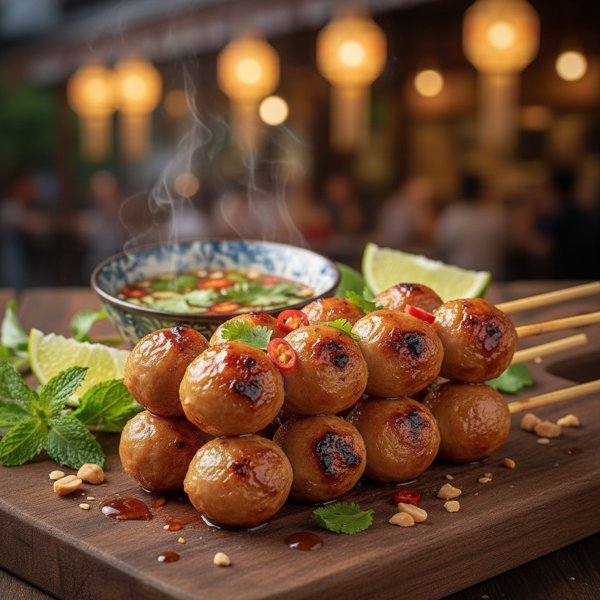 Bangkok-style Grilled Meatball Skewers recipe