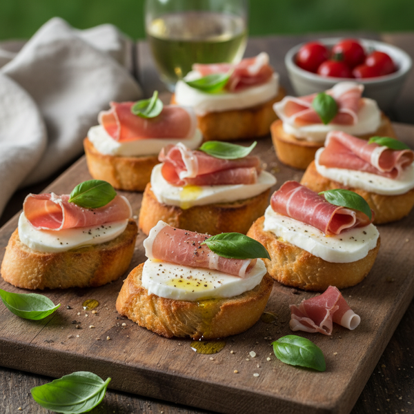 Basil & Prosciutto Crostini with Fresh Mozzarella recipe
