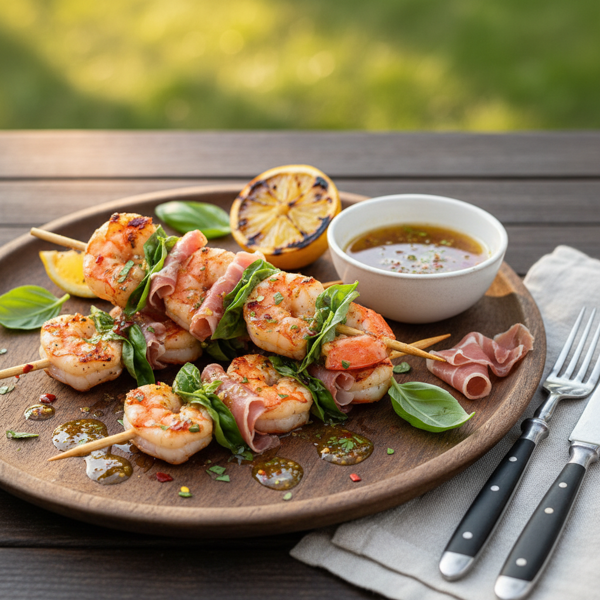 Basil & Prosciutto Shrimp Skewers with Zesty Vinaigrette recipe