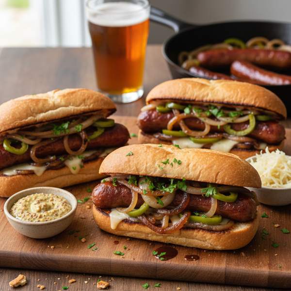 Beer-Braised Wisconsin Bratwurst Sandwiches recipe