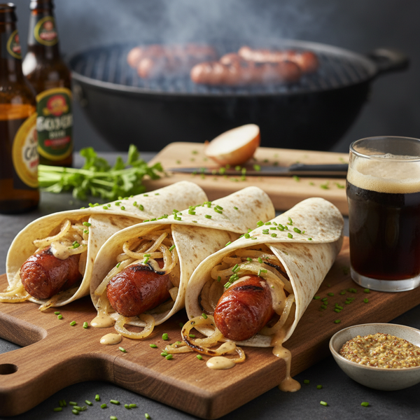 Beer-Brat Tortilla Wraps with Grilled Onions recipe