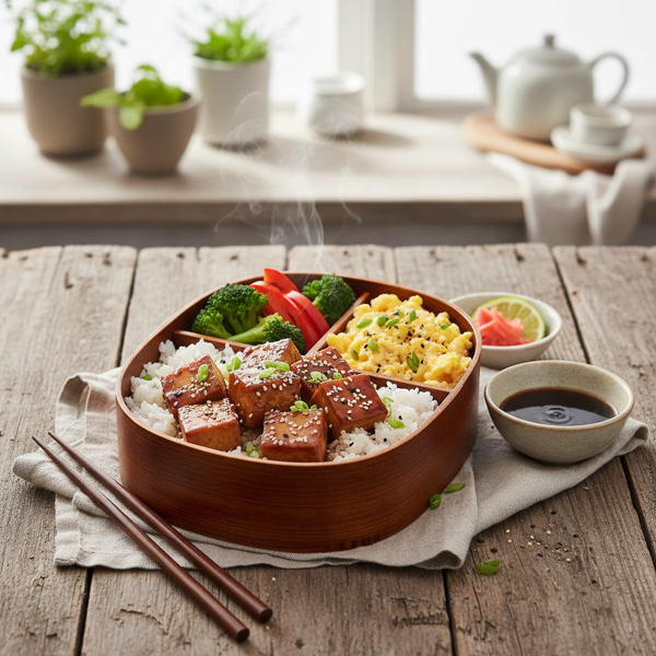 Bento-Style Teriyaki Tofu Bowl with Scrambled Eggs recipe