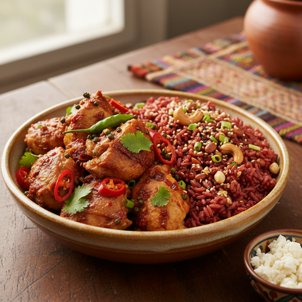 Bhutanese Spicy Chile Chicken with Nutty Red Rice recipe