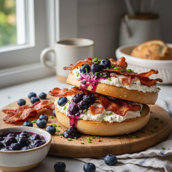 Blueberry Bacon Cream Cheese Bagel Delight recipe