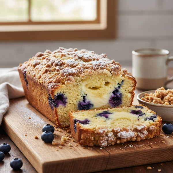 Blueberry Cream Cheese Loaf with Streusel Topping recipe