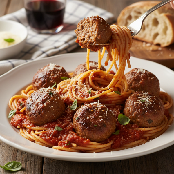 Bobby Flay's Savory Spaghetti and Hearty Meatballs in Rich Tomato Sauce recipe
