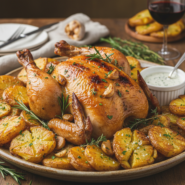 Braised Garlic Herb Chicken with Crispy Potatoes recipe