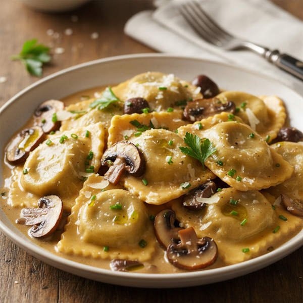 Braised Short Rib Ravioli with Savory Creamy Mushroom Sauce recipe