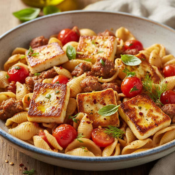 Broiled Feta Orecchiette Salad with Herb-Infused Tomato and Sausage recipe