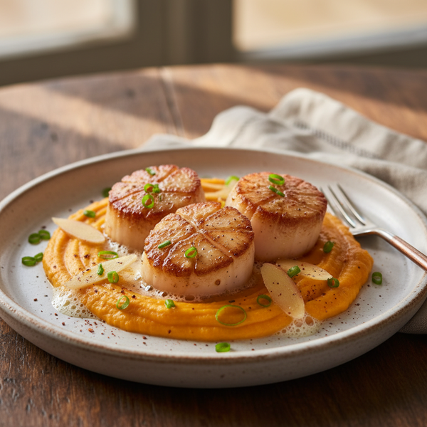 Brown-Butter Seared Scallops with Ginger-Infused Sweet Potato Purée recipe