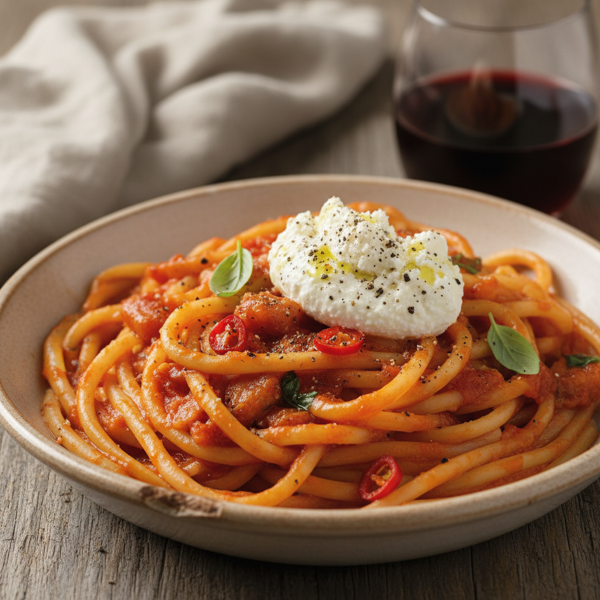 Bucatini Amatriciana with Creamy Ricotta Salata recipe