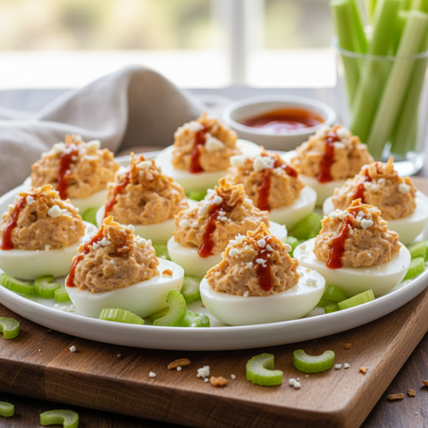 Buffalo Chicken Deviled Eggs with Crunchy Celery recipe