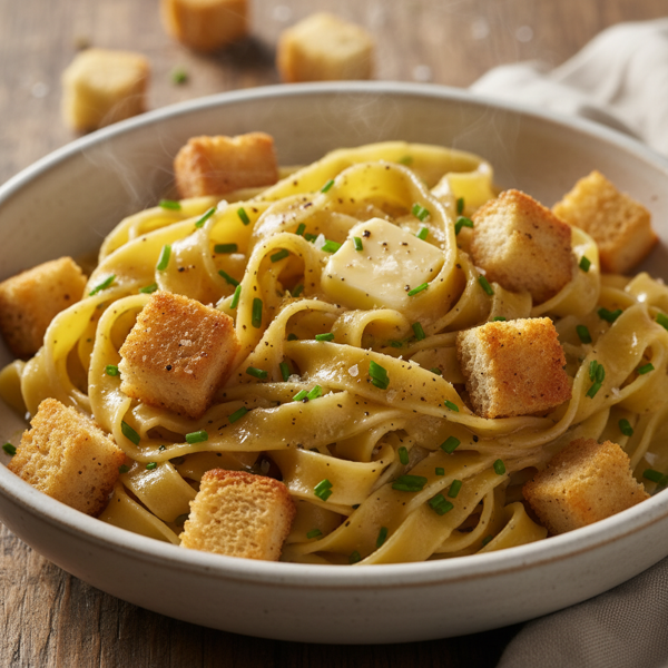 Butter-Infused Egg Noodles with Golden Croutons recipe