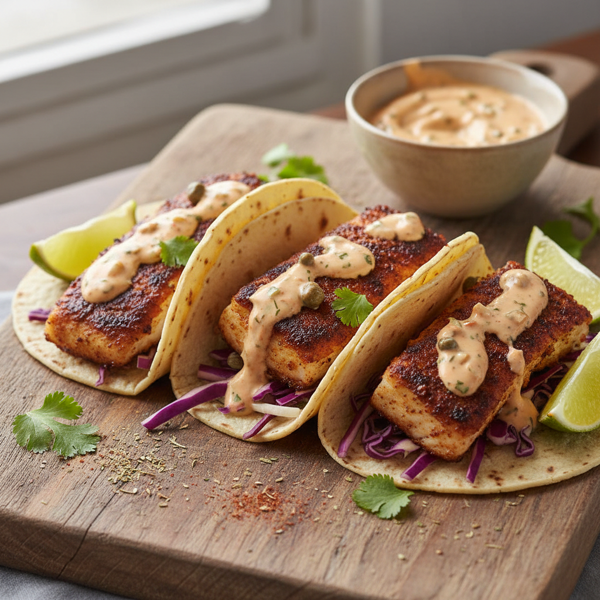 Cajun-Spiced Blackened Catfish Tacos with Zesty Remoulade recipe