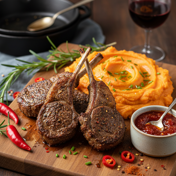 Cajun-Spiced Lamb Cutlets with Sweet Potato Mash and Tomato-Chili Jam recipe