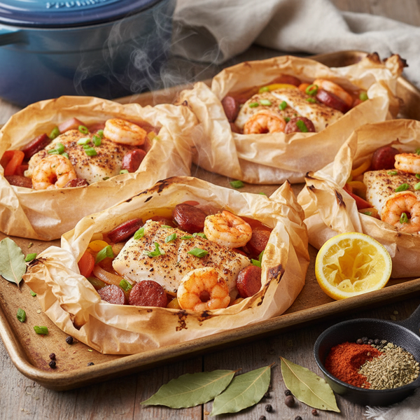 Cajun-Style Baked Fish & Shrimp En Papillote recipe
