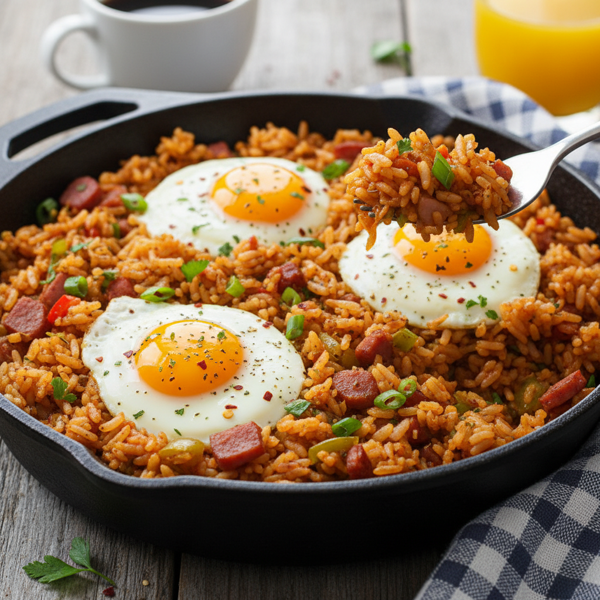Cajun Breakfast Rice Skillet with Eggs and Ham recipe