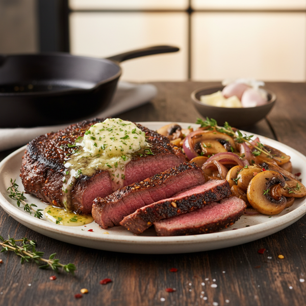 Cajun Grilled Sirloin with Garlic Butter and Sautéed Mushrooms & Onions recipe