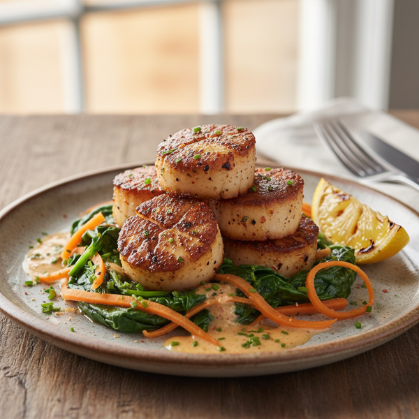 Cajun Scallops on Wilted Spinach and Carrot Salad recipe