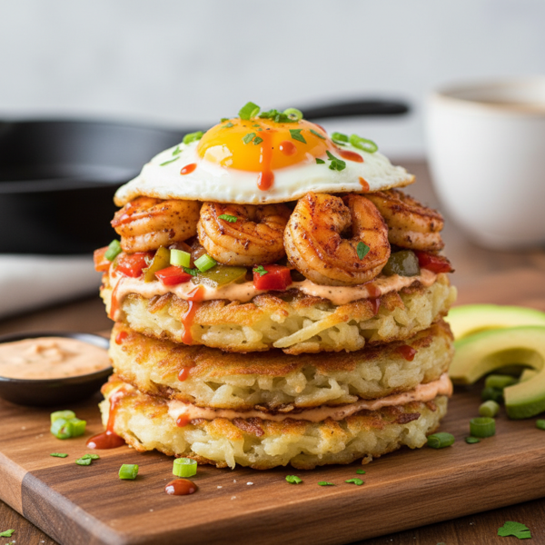 Cajun Shrimp Hash Brown Breakfast Stack recipe